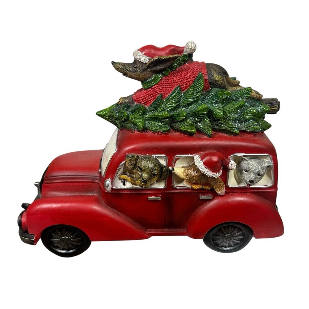 Christmas Vintage Red Truck with Tree and Dogs Resin Table Top Figurine 12x10"